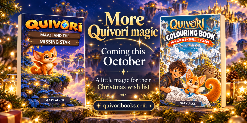 Mavzi and the Missing Star and the Quivori Colouring Book displayed against magical floating islands with golden Christmas lights. Text reads “More Quivori magic”, “Coming this October” and “A little magic for their Christmas wish list”, with quivoribooks.com beneath.
